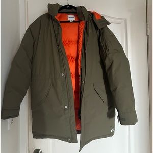 Men’s, Forrest Green Parka with insulated orange lining.